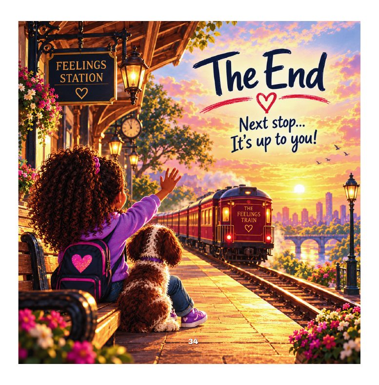 Illustrated page from The Feelings Train: Next stop… it's up to you!