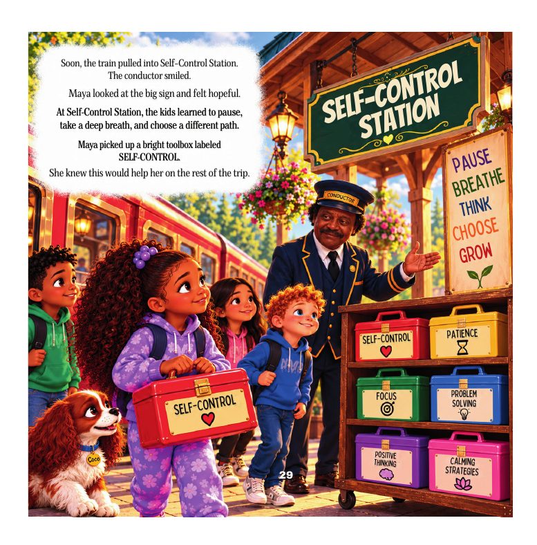 Illustrated page from The Feelings Train: Self-Control Station