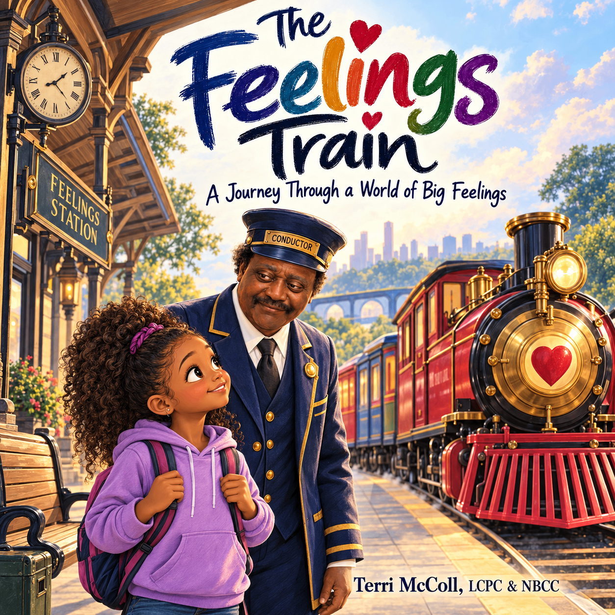 The Feelings Train: A Journey Through a World of Big Feelings by Terri McColl, LCPC & NBCC — official cover showing Maya in a purple hoodie beside the Conductor and a red-and-gold train.