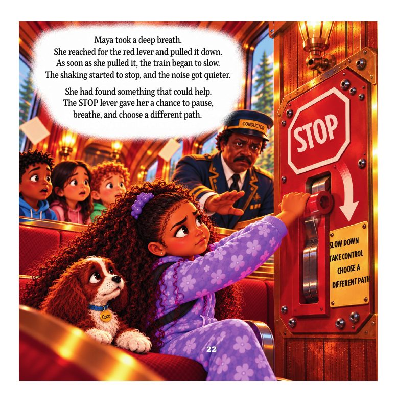 Illustrated page from The Feelings Train: Pulling the STOP lever